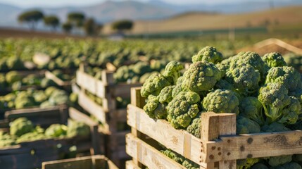 Sticker - Close-up of Fresh Broccoli in Wooden Crates on a Farm