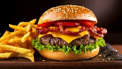 Close-up of a gourmet burger with a juicy beef patty, melted cheddar, crispy bacon, lettuce