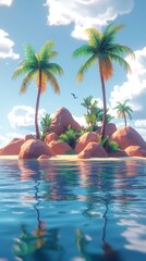 Serene Low-Poly Island Oasis, tranquil palm trees swaying, gentle ocean waves lapping, inviting escape into a peaceful paradise