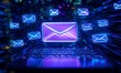 © Monirknn - Digital Email Marketing Concept at Night with Laptop Keyboard and Glowing Envelopes in a Virtual Space, generative ai
