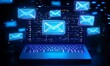 © naim74 - Digital Email Marketing Concept at Night with Laptop Keyboard and Glowing Envelopes in a Virtual Space, generative ai