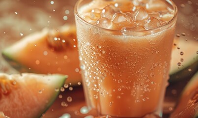 Wall Mural - Refreshing melon smoothie, droplets glistening on the glass 4K hyperrealistic photo.