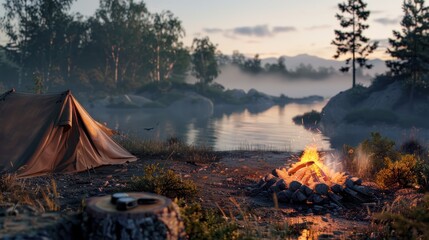 Canvas Print - Campsite by a Lake with a Fire and Tent at Sunset