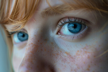 Female blue eye and clear skin close-up. Ginger hair. Concept template about healthy vision, self-care, international glaucoma day