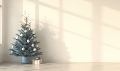 A blue Christmas tree with white ornaments sits in front of a white wall