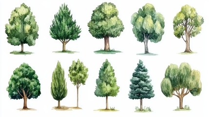 Watercolor trees set, nature inspired art for digital design and print projects elegant and artistic brushstrokes