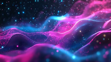 Holographic particle waves glowing in neon pink and blue, transforming into digital shapes in a vibrant gradient background