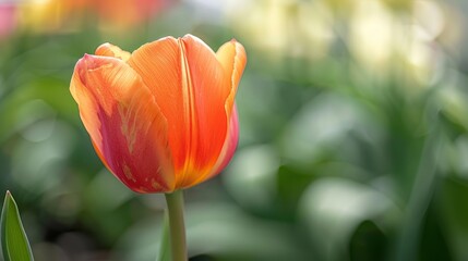 Wall Mural - Single Orange and Red Tulip with Green Background