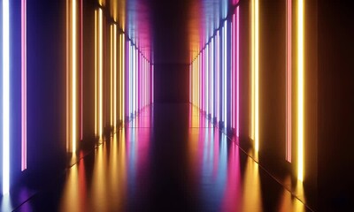 Wall Mural - 3d render, abstract background with neon light bars on a black background.