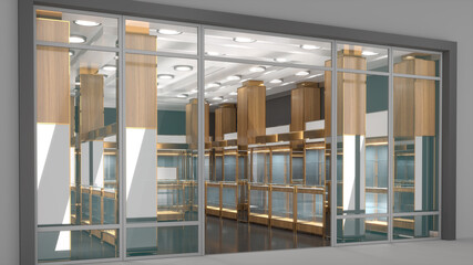 Sticker - Interior of luxury store through glass facade of shopping mall. 3d illustration