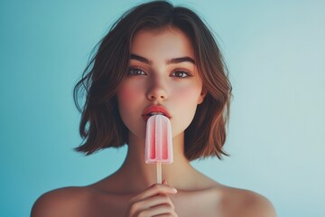 Wall Mural - Portrait of beautiful young woman eating delicious ice cream