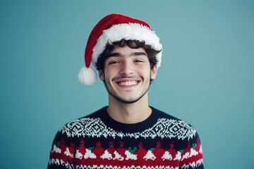 Handsome young man in knitted christmas sweater and santa hat