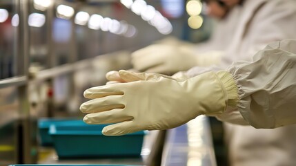 A person wearing protective gloves prepares for a task in a clean, industrial environment, emphasizing safety and hygiene.