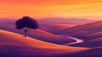 Sticker - Serene sunset landscape featuring a solitary tree and winding river in rolling purple hills during golden hour