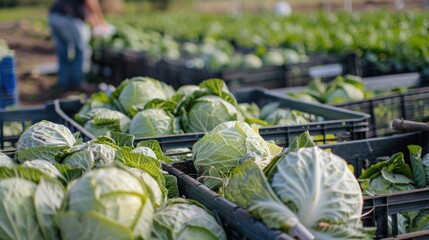 Sticker - Freshly Harvested Green Cabbages in Plastic Crates