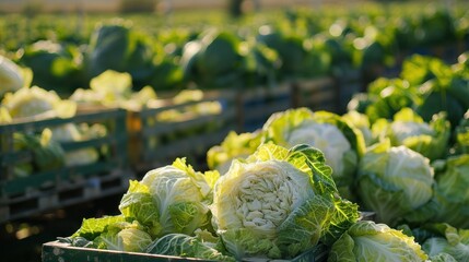 Poster - Freshly Harvested Green Cabbages in a Wooden Crate