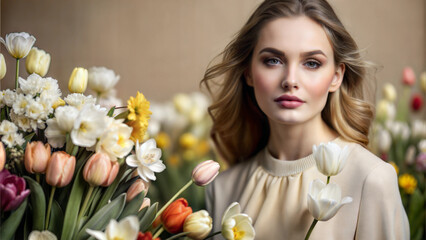 Beautiful young woman posing with colorful flowers in a soft, natural light setting
