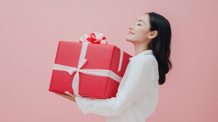 Happy female with gift box in holiday season.