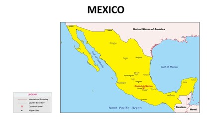 Canvas Print - Mexico Map. Major cities in Mexico. Political map of Mexico with border and neighbouring countries. 