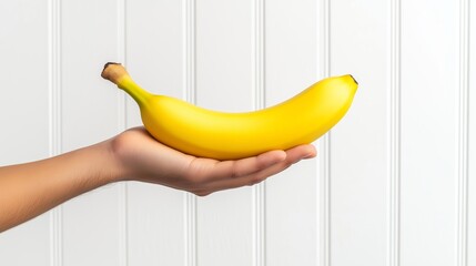 A close-up view of a hand gracefully holding a single ripe banana from the left side against a clean white background