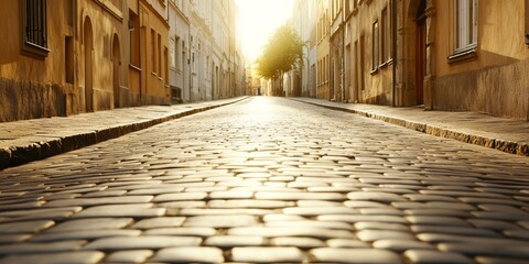 Charming narrow cobblestone street in the historic city center, illuminated by warm sunlight and beautiful buildings.