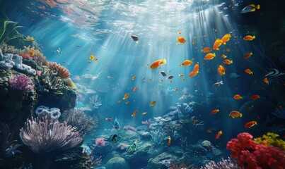 Sticker - Serene underwater scene with colorful fish and coral, 4K hyperrealistic photo.