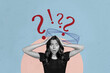 © deagreez - Creative collage picture young questioned woman confused dilemma ask what why problem unsure unknown solution answer drawing background
