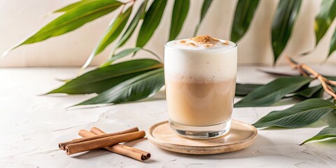 Canvas Print - A frothy coffee drink with cinnamon sticks on the side.