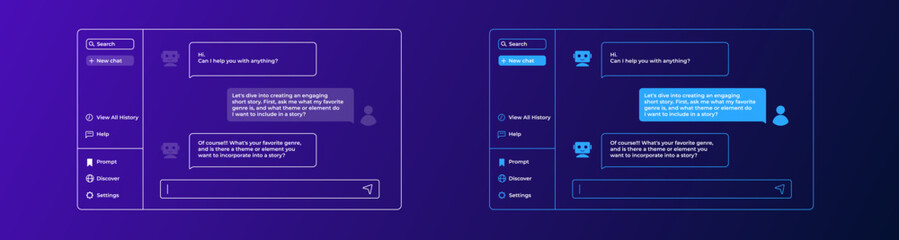 chatting with artificial intelligence. chat bot user interface in blue dark style with messages.