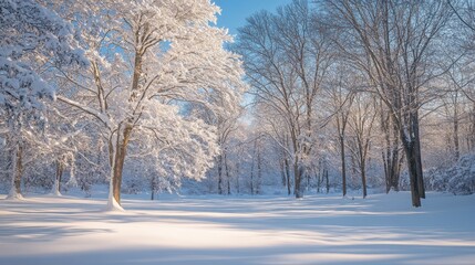 Wall Mural - Snow-covered trees in a serene forest during early morning with soft light filtering through the branches
