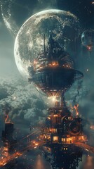 Wall Mural - mechanical marvels of the sky, steampunk balloons glowing in the moonlit night, 4k hyperrealistic ph