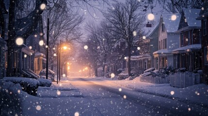 Wall Mural - Snow falling on a quiet street lined with houses, with soft light creating a peaceful atmosphere