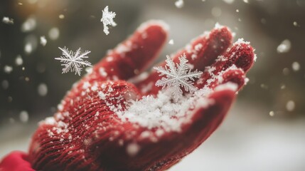 Wall Mural - Close-up of snowflakes landing on a personâ€™s gloved hand, with soft natural light in the background