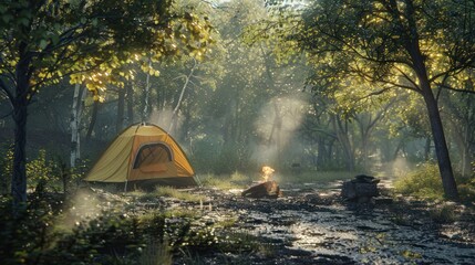 Poster - A yellow tent pitched in a misty forest clearing with a campfire nearby