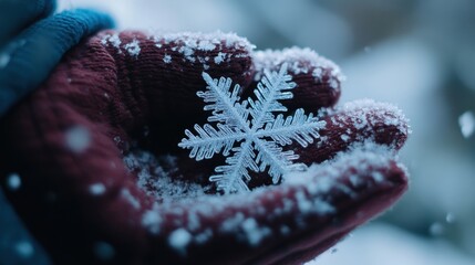 Wall Mural - Close-up of snowflakes landing on a personâ€™s gloved hand, with soft natural light in the background