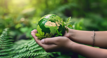 Green planet Earth cradled in children's hands amid lush foliage. Symbolic image of environmental stewardship, sustainability. Concept of preserving nature, eco-friendly practices, future generations