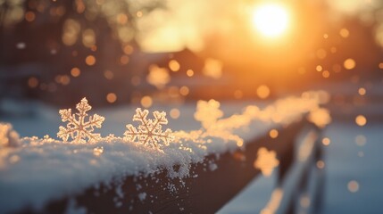 Wall Mural - Close-up of snowflakes resting on a fence, with the soft light of sunset in the background
