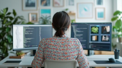 Person working at a desk with dual monitors, focused on coding and design.