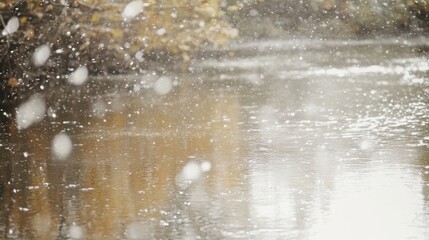 Wall Mural - Snow gently falling on a peaceful river, with the soft light reflecting off the water