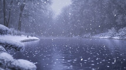Wall Mural - Snow gently falling on a peaceful river, with the soft light reflecting off the water