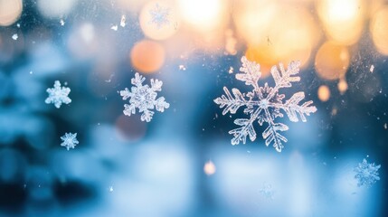 Wall Mural - A close-up of snowflakes on a window pane, with soft natural light shining through