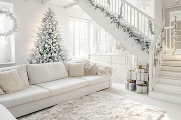 Bright white living room with Christmas tree and gifts