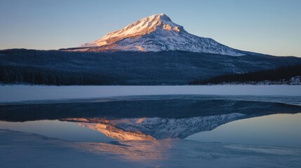 Wall Mural - A snow-covered mountain peak reflected in a frozen lake, with soft light from the early morning sun