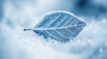Wall Mural - A close-up of a snow-covered leaf, softly illuminated by natural light