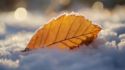 Wall Mural - A close-up of a snow-covered leaf, softly illuminated by natural light