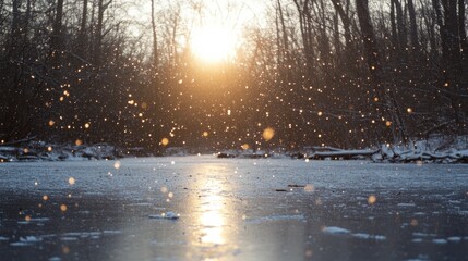 Wall Mural - Snowflakes gently falling on a frozen pond, with soft natural light shining through the trees