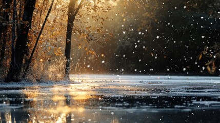 Wall Mural - Snowflakes gently falling on a frozen pond, with soft natural light shining through the trees