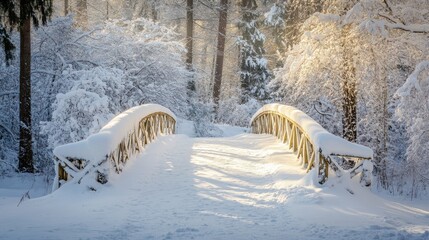 Wall Mural - A snow-covered bridge in a forest, with soft light filtering through the snow-laden trees