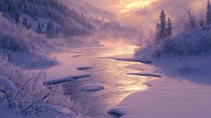 Wall Mural - a frozen river winding through a snow-covered valley, softly lit by the early morning sun
