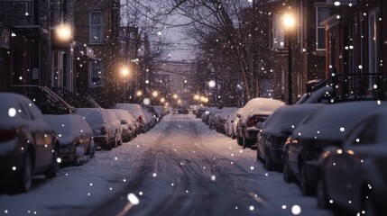 Wall Mural - A quiet street covered in snow, with soft natural light filtering through the falling snowflakes